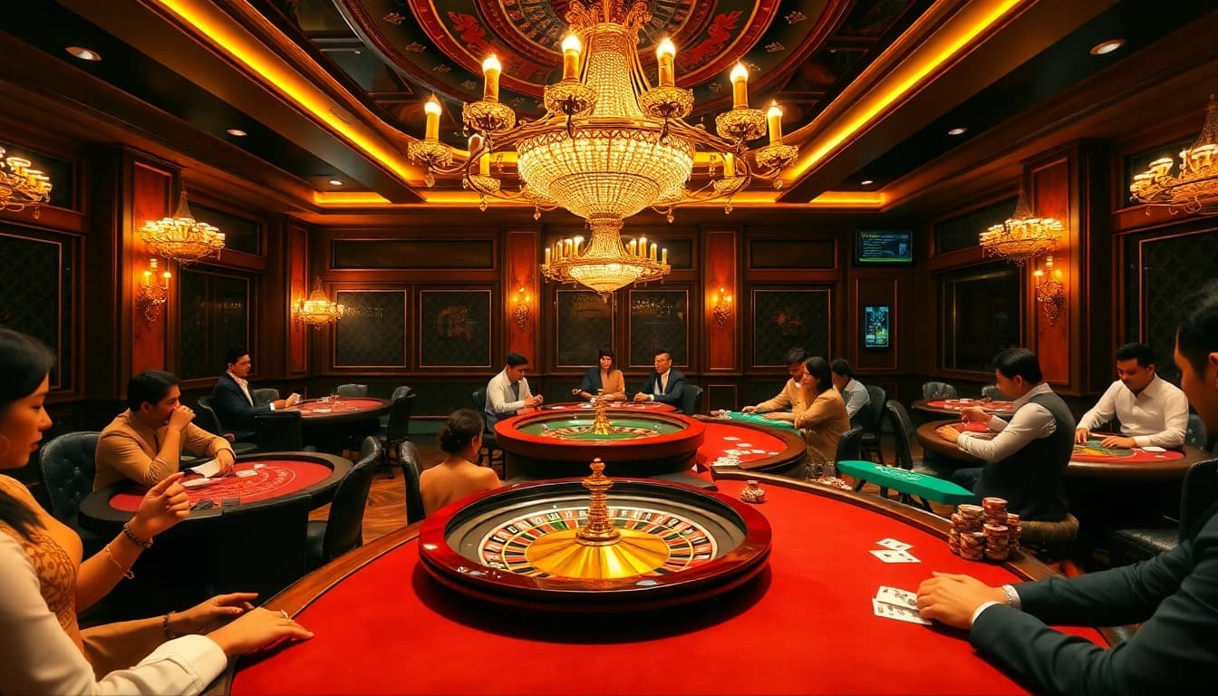 A luxurious casino scene featuring nhà cái MM91 with players celebrating wins at poker tables and a spinning roulette wheel.