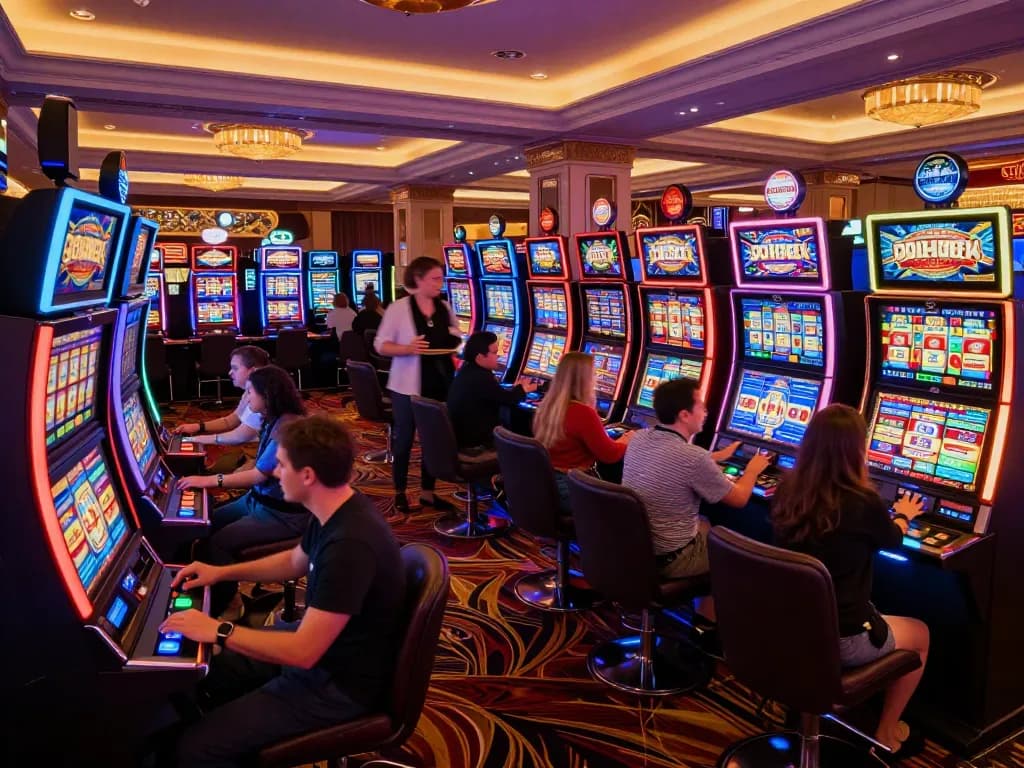 The excitement of playing slots at https://du88.autos/ with vibrant displays and engaged players in a lively casino atmosphere.