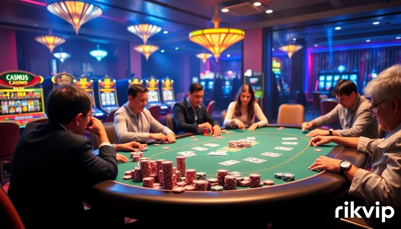 Experience the thrill of poker at rikvip, where players engage with vibrant chips and luxurious casino tables.