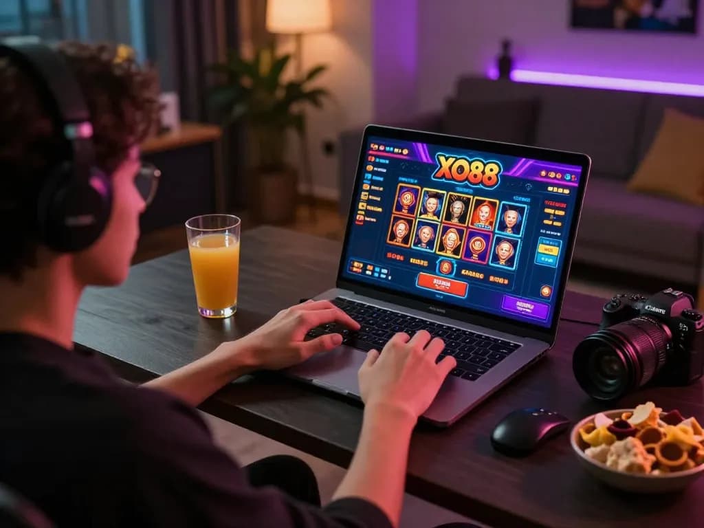 Player engaging with XO88’s online casino from a stylish home setup, showcasing excitement and strategy.