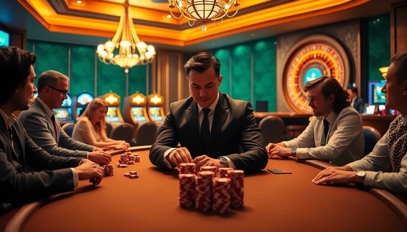Exciting poker action with players competing at the luxurious tr88 casino table.