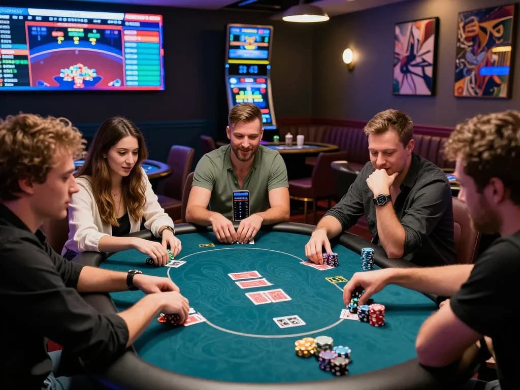 Friends at a GO8 poker table enjoy exciting game in a vibrant casino atmosphere