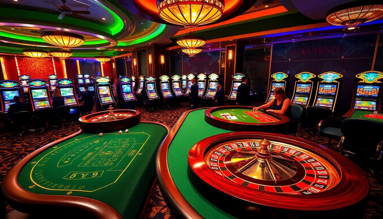 Players enjoying an exciting casino experience on luckywin.uk.net with vibrant roulette wheels and glowing slot machines.