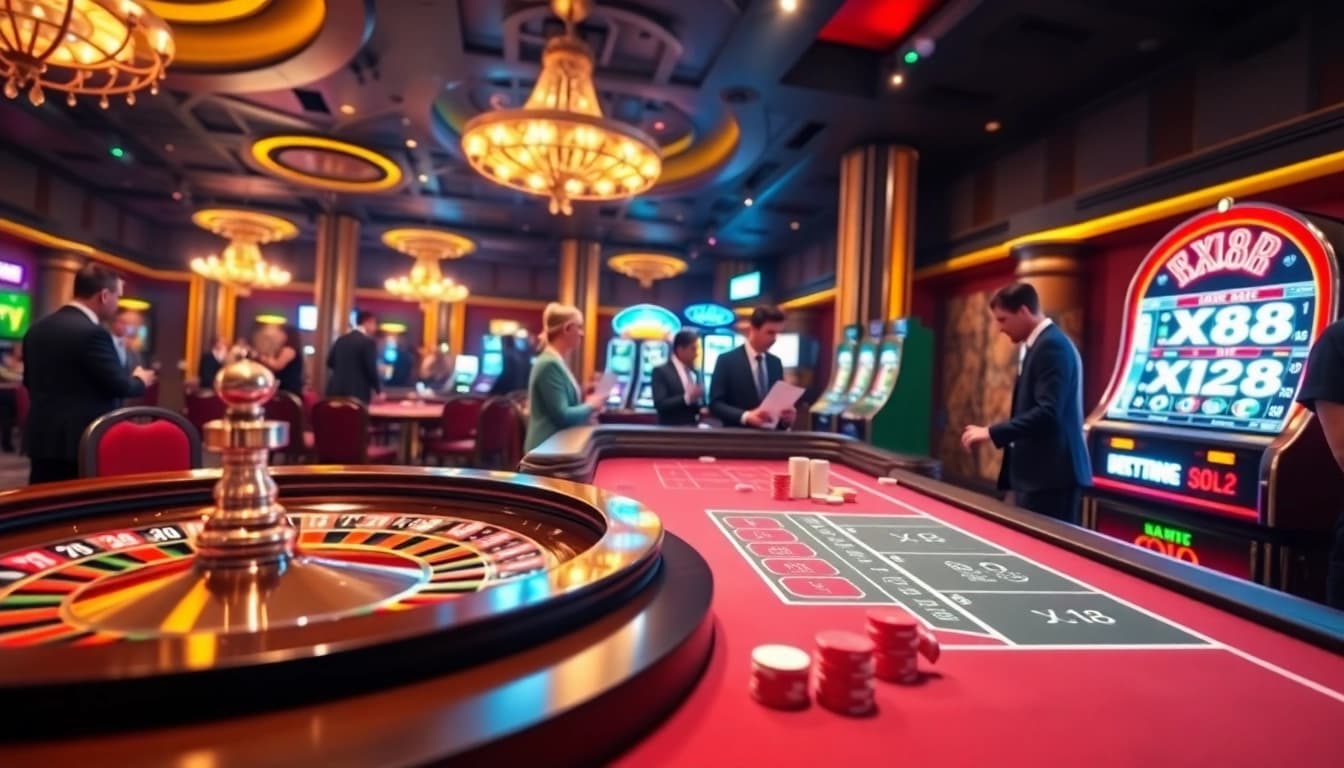 Experience the excitement of X88 gaming at a luxurious casino with vibrant tables and players in action.