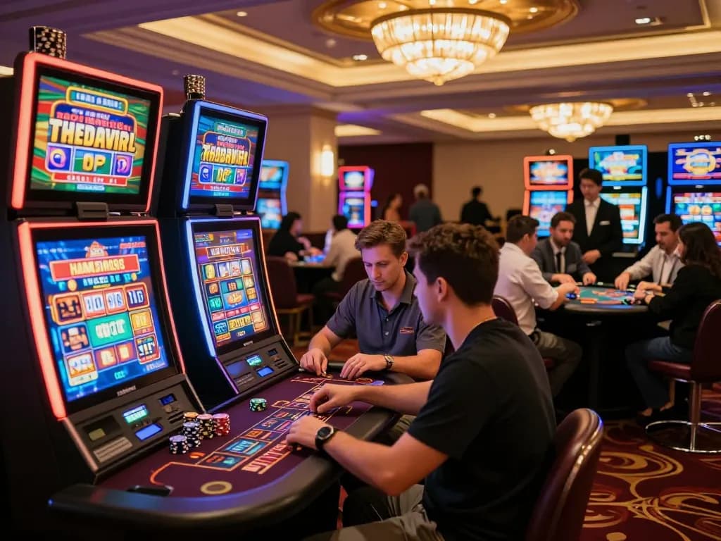 Engaged players spinning slots at K8 casino under vibrant lights, showcasing the thrilling atmosphere of online betting.