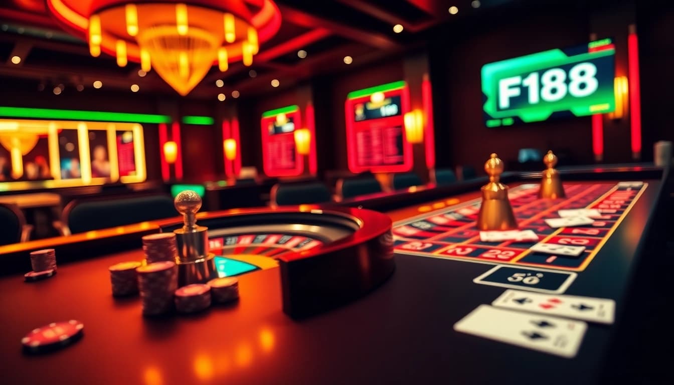 Experience the thrill of F168 casino gaming with vibrant neon lights and engaging roulette action.