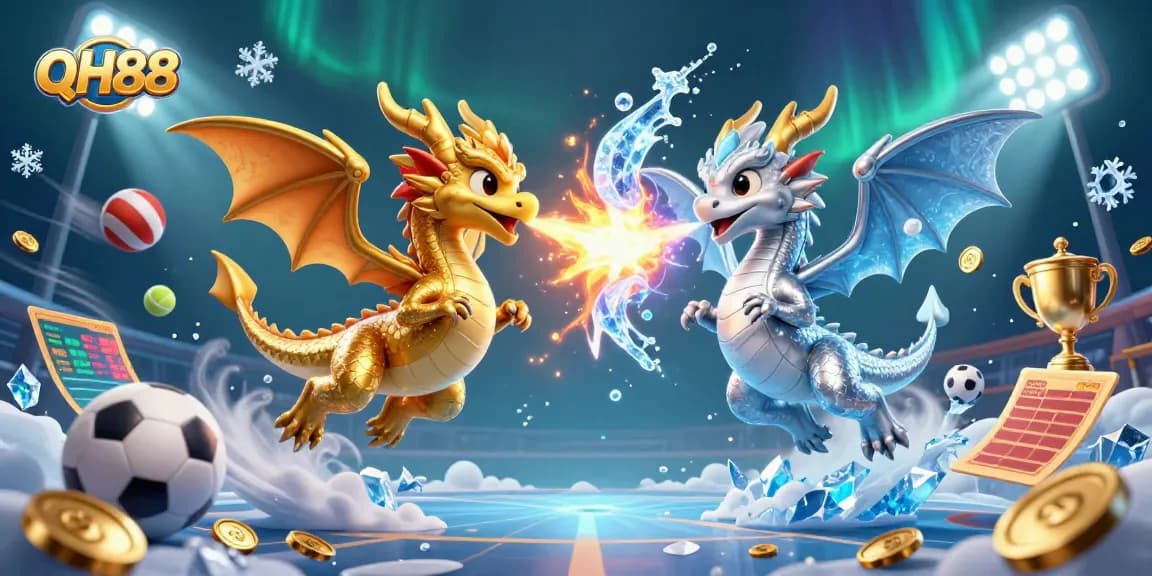 Experience dynamic action in QH88's 3D casino illustration featuring dragons and sports elements.