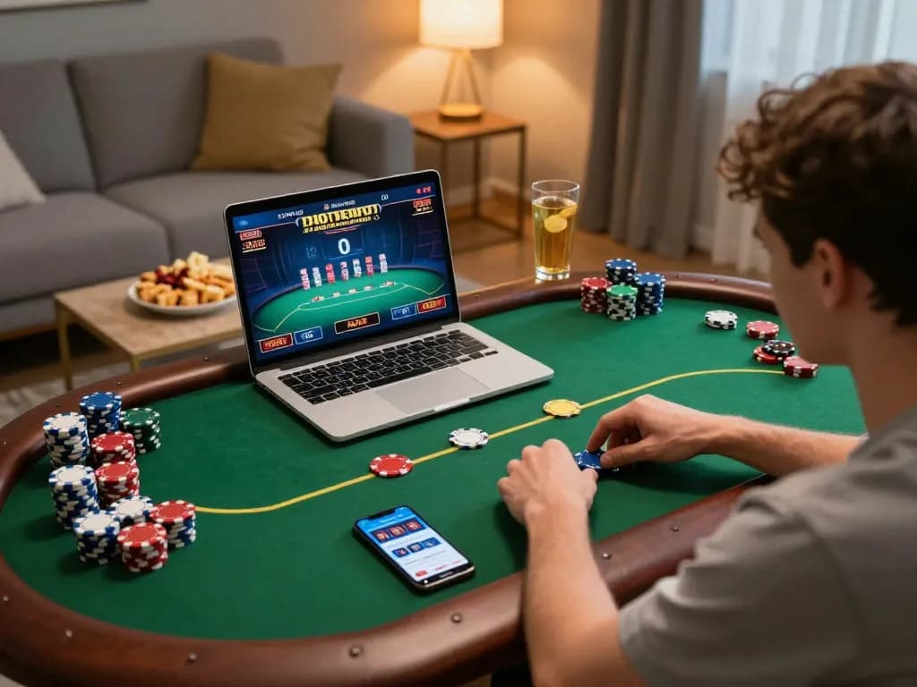 Engaging gameplay at a legit online casino on a laptop, showcasing intense poker session.