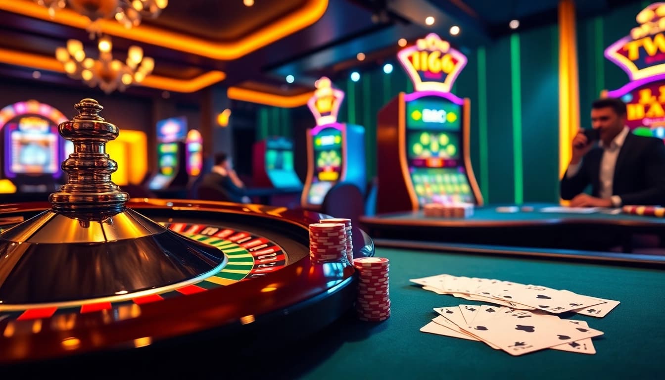 Experience thrilling wins at mb66.ski with vibrant casino tables and poker chips in action.