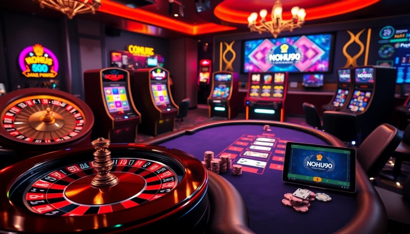 Nohu90 engaging casino experience showcasing roulette wheel, slot machines, and poker table.