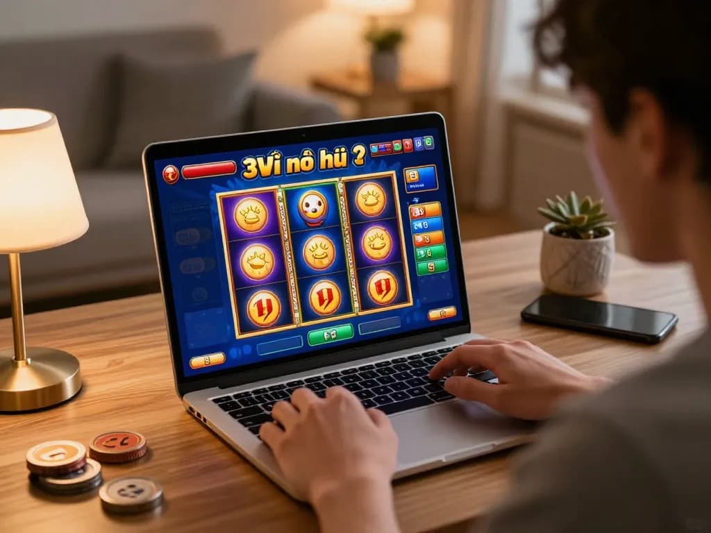 Engaging player enjoying 3Win nổ hũ slots on a laptop at home.