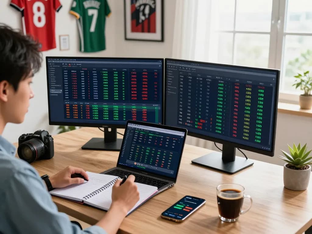 Analyzing tỷ lệ kèo trực tuyến in a modern home office with betting data on screens.
