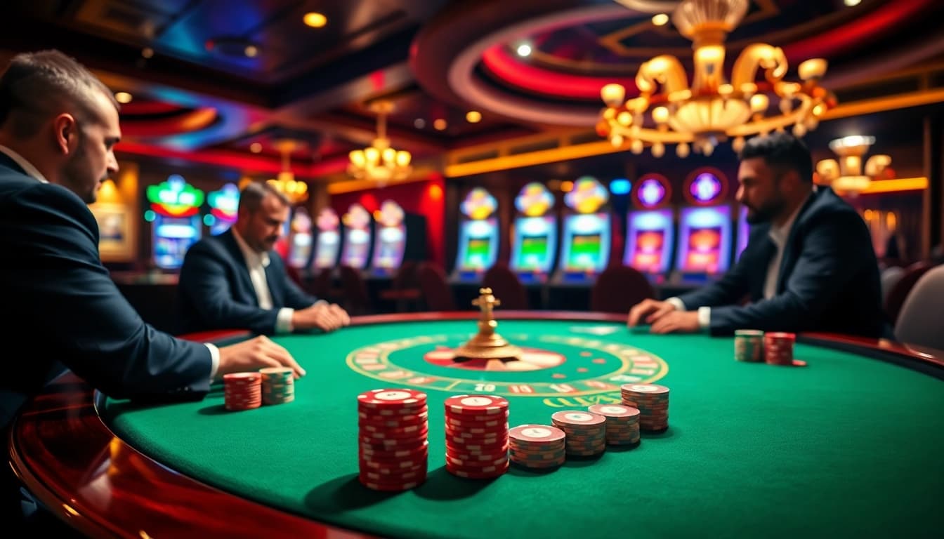 Players strategizing in a thrilling poker game at https://xx88.lol/ casino, surrounded by vibrant, luxurious accents.