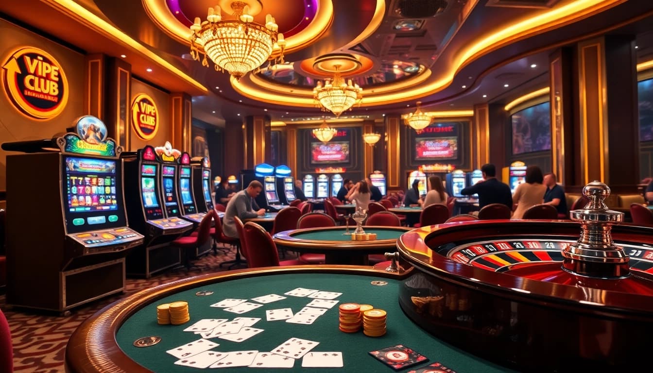 Experience thrilling gameplay at the game vip88 club with vibrant casino tables and slot machines.