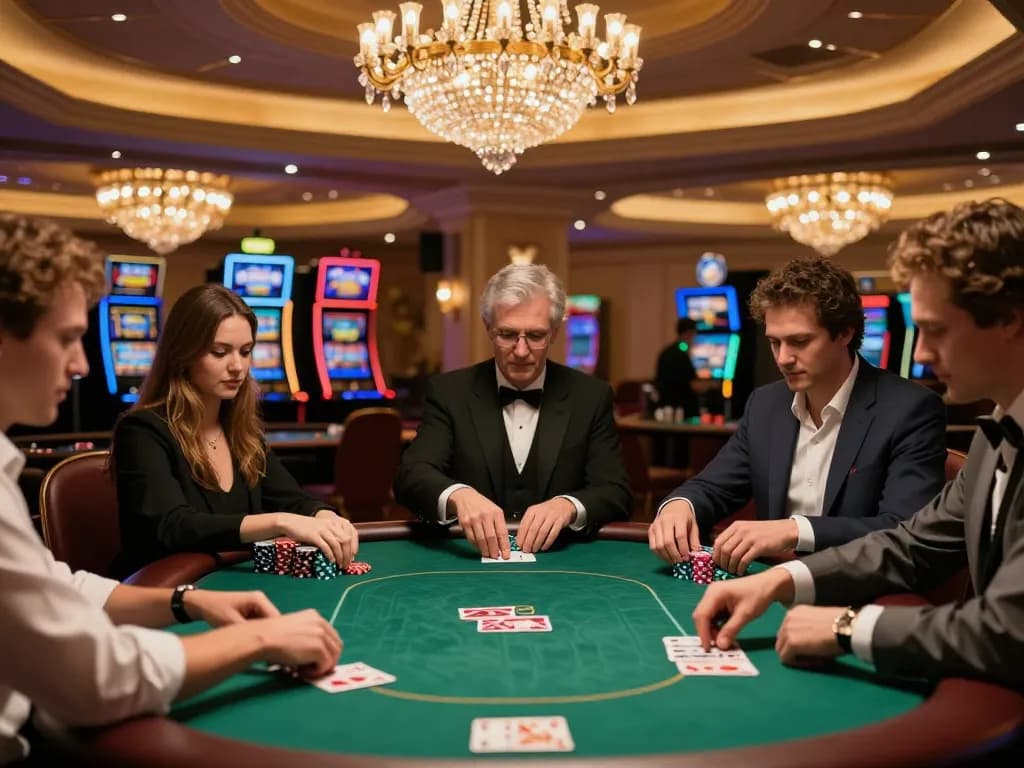 MM88 poker game action with engaged players at a luxurious casino table highlighting strategy and excitement.