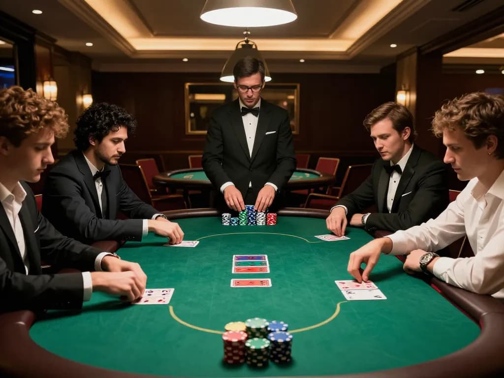 Engaged players at a debet poker table strategizing their next moves in a sophisticated casino environment