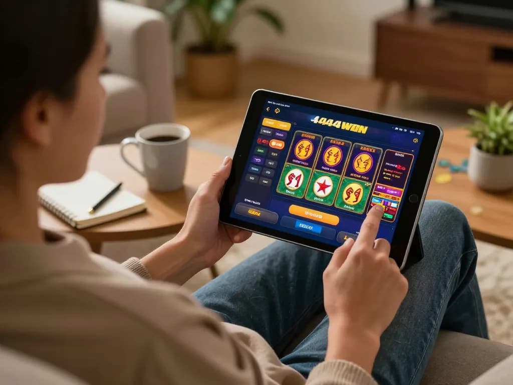 Engaging gameplay on the 4444WIN plataforma showcasing a home gambling setup with tablet and notebook