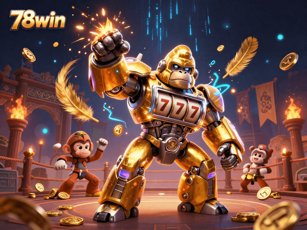 Experience the thrill of 78win with an explosive 3D golden gorilla mech in action as coins rain down.