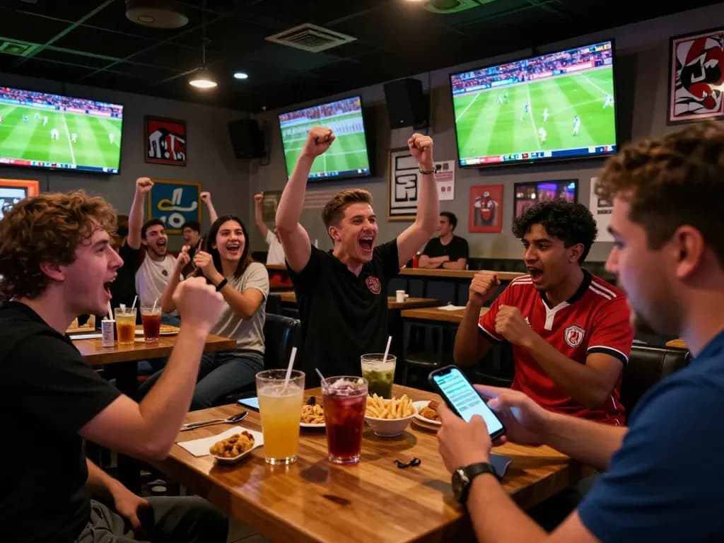 Fans engaging in soccerbetting at a lively sports bar during a match celebration.