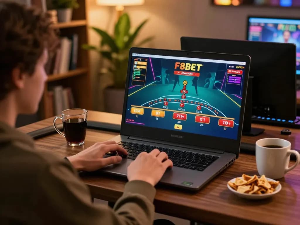 Player engaging in exciting blackjack game on F8BET, cozy home gaming setup with laptop