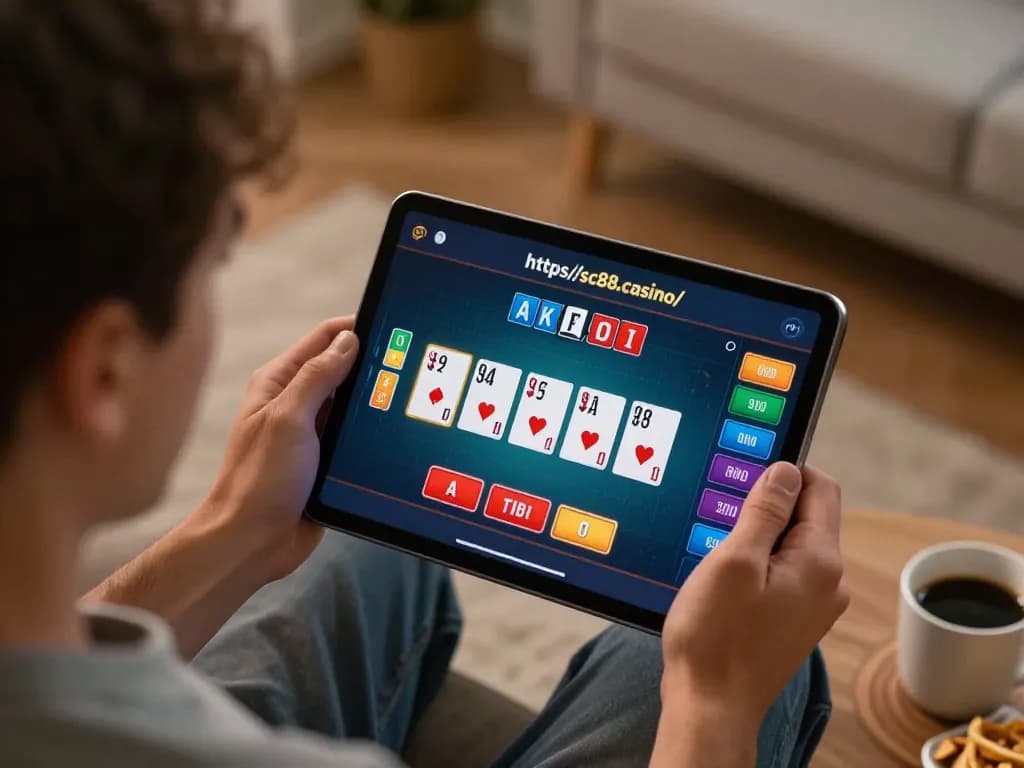Engaged player on https://sc88.casino/ during a live dealer blackjack game on tablet in a cozy home setting.