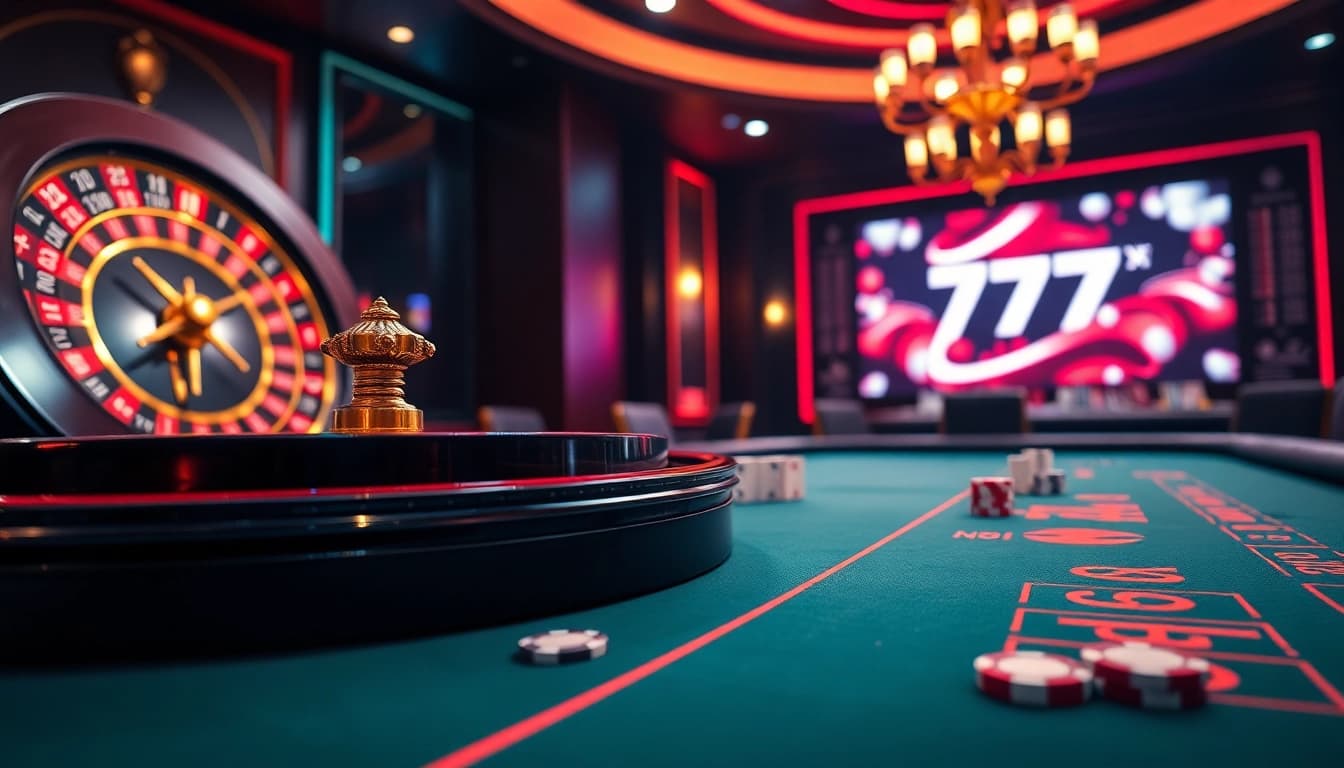 Experience the thrill of winning at 777X with a dynamic casino scene filled with poker chips and roulette wheels.