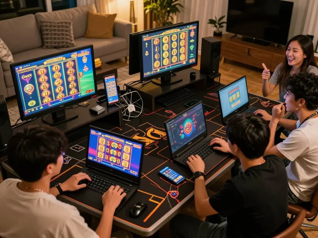 Players engaging in exciting slot gacor sessions on their devices, showcasing vibrant online gaming atmosphere with winning animations.