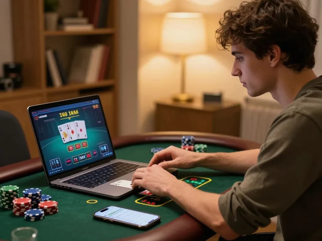 Gambler strategizing on sc88 during live dealer blackjack game on laptop at home