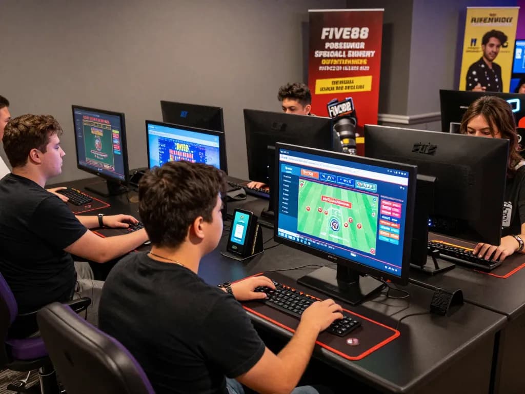 Players engaging with Five88 online gambling platform in an inviting lounge setting, showcasing vibrant screens and interactive games.