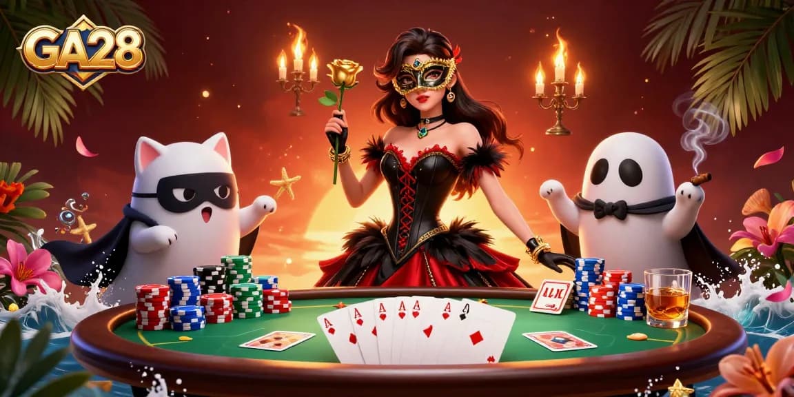 GA28 depicts a thrilling poker scene showcasing a glamorous woman in a casino setting