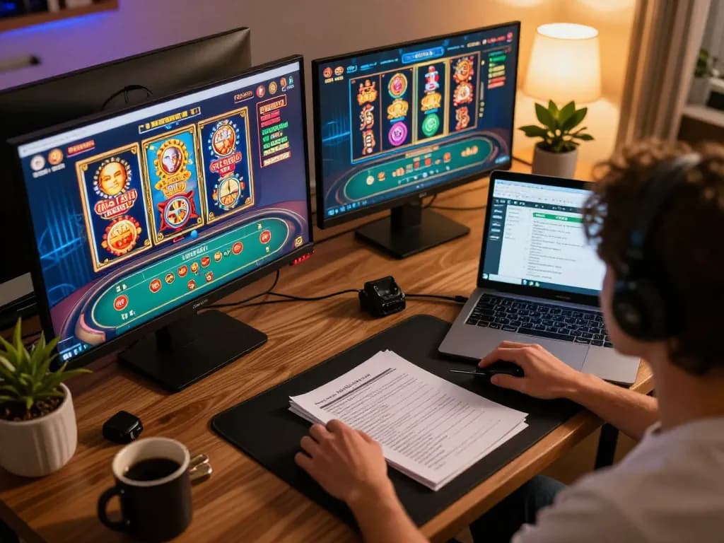 Player engaging with 888NOW casino games on multiple screens, showcasing strategic gameplay and vibrant gaming atmosphere.