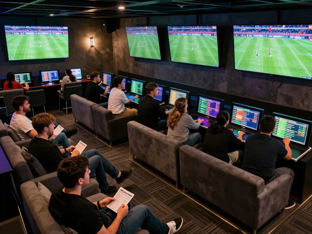 Bongdalu sports fans engaged in live betting excitement with multiple screens showing football matches