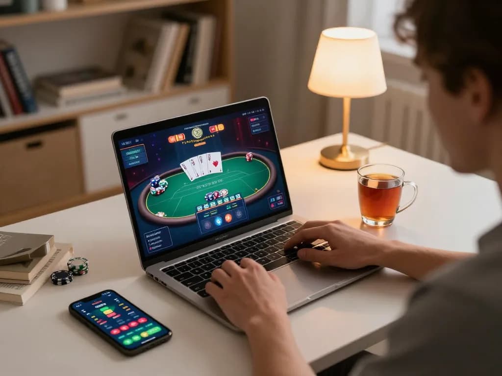 Player engaging with online poker at home with cm88 displayed on the screen, showcasing intense gaming focus.