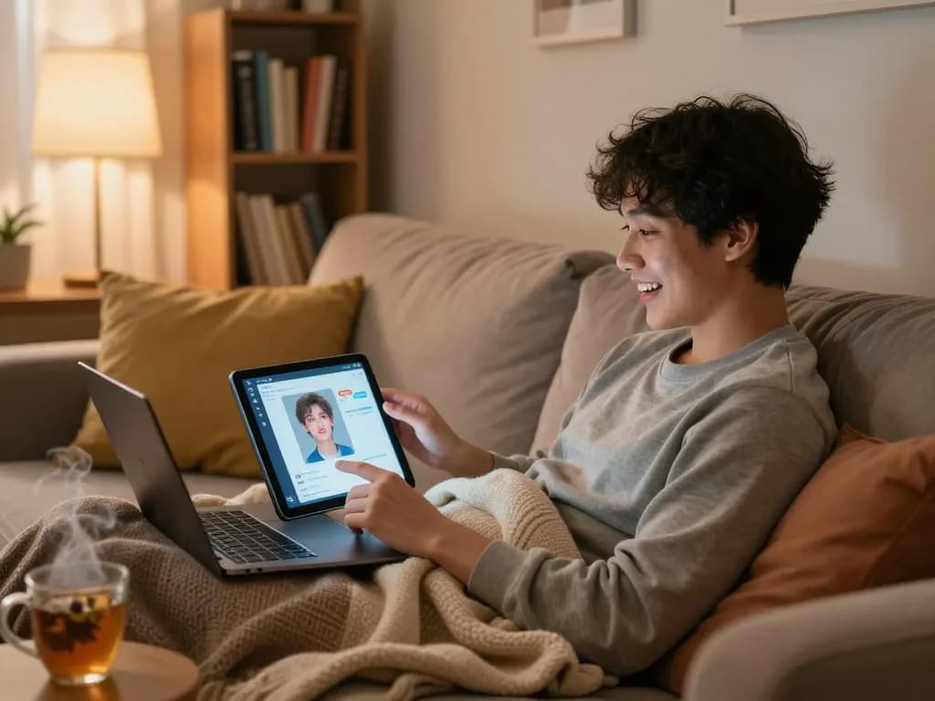 Engaging in ai sex chat while relaxing at home with a cozy atmosphere.