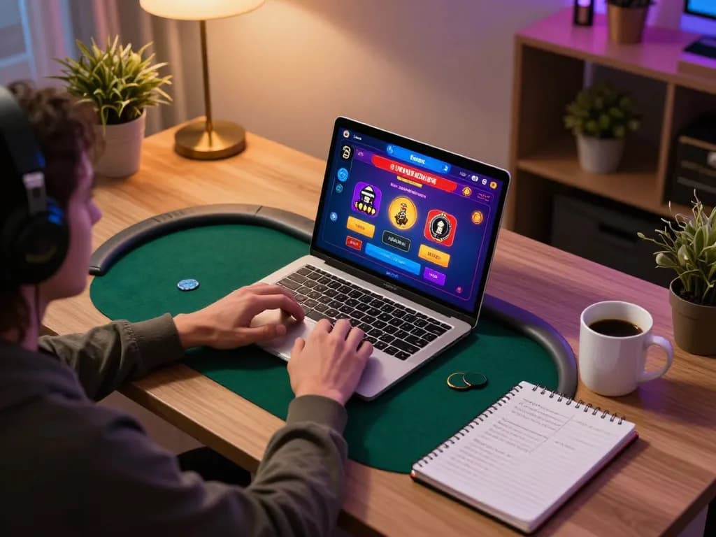 Engaging with poker on bl555 com through a laptop at home, showcasing strategic gameplay.