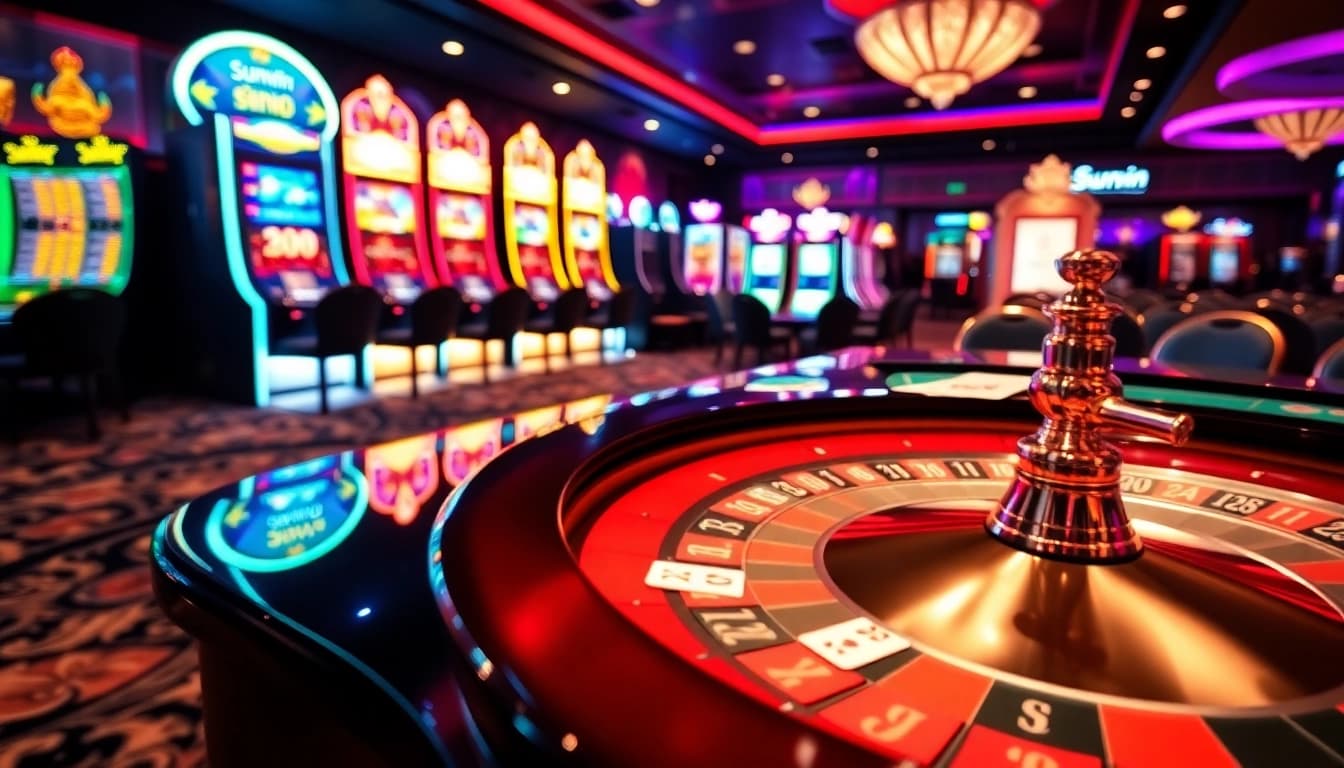 Sunwin gaming table showcasing poker cards and a roulette wheel in a vibrant casino environment.