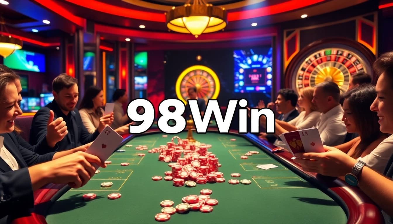 Experience thrilling gameplay at 98Win with a vibrant poker table and exciting gaming elements.