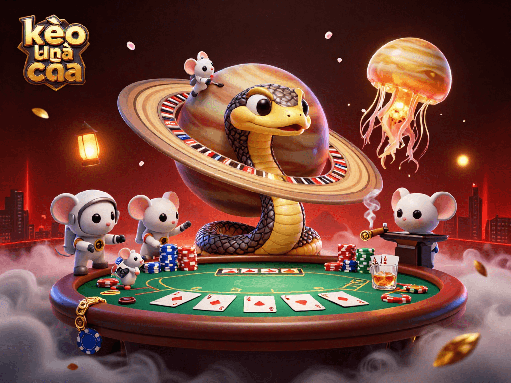Engage with kèo nhà cái at this vibrant cosmic casino scene showcasing lively bets and gameplay.