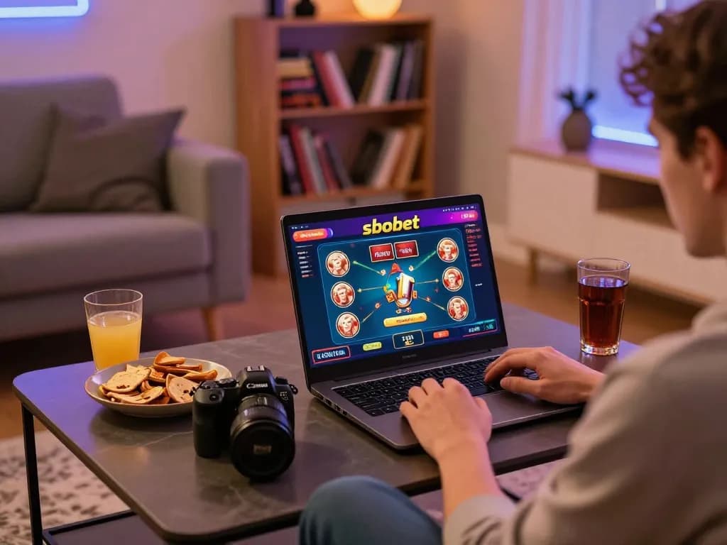 Player enjoying online gambling on sbobet with colorful casino interface at a cozy home setup.