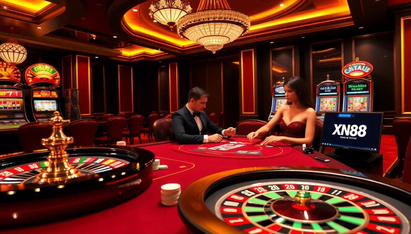 XN88 players engaging in an exciting high-stakes card game at a luxurious casino table.