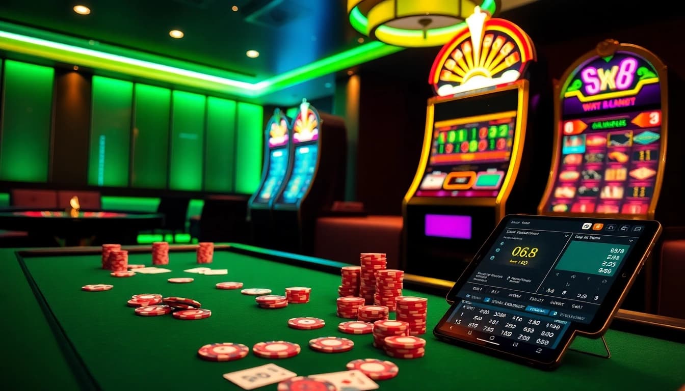 Experience the thrill of luck8 at a vibrant casino table with poker chips and high-stakes gameplay.