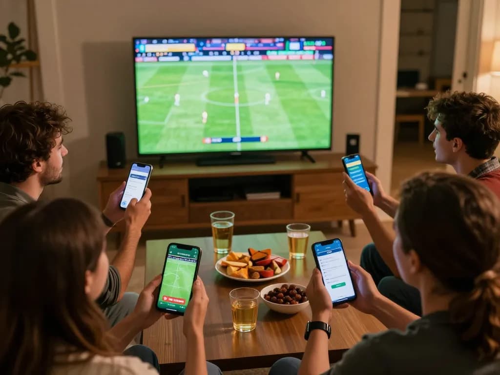 Friends engaging in sports betting on tg88 mobile app while watching a live game on TV