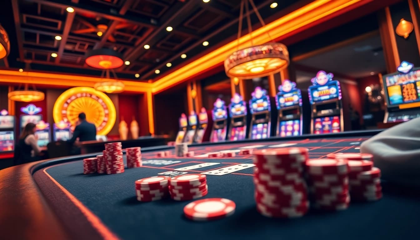 F168 poker table scene showcasing high stakes and vibrant casino excitement.