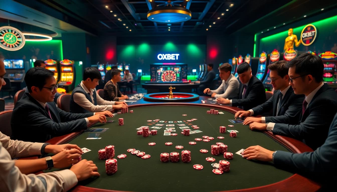 Players engage in thrilling poker action at OXBET, showcasing vibrant chips and high-stakes atmosphere.