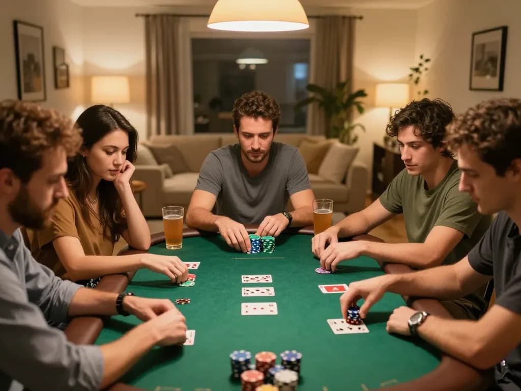 Friends enjoying poker night at home while discussing strategies at Nhà cái Tic88