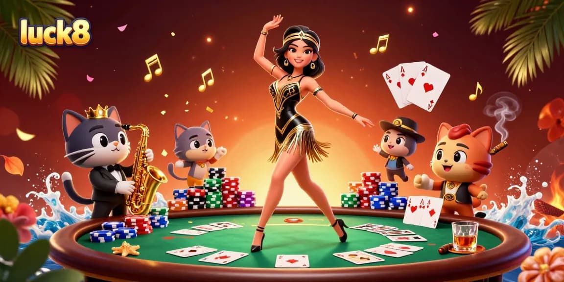Experience luck8 at a vibrant casino scene with poker chips and characters in dynamic poses.