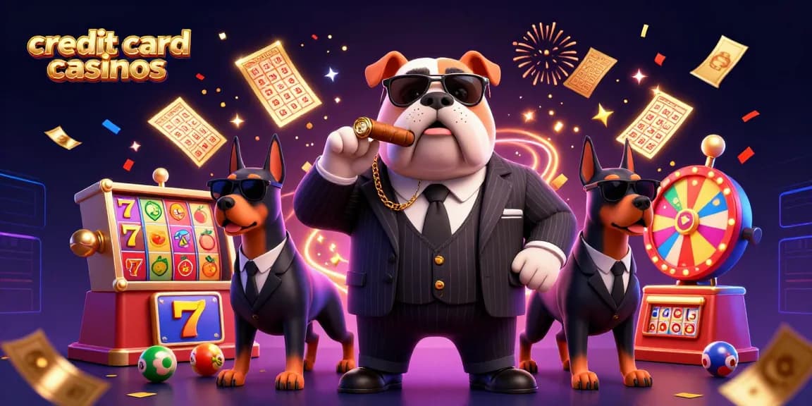 Exciting scene showcasing credit card casinos with a mafia bulldog and dynamic game elements.