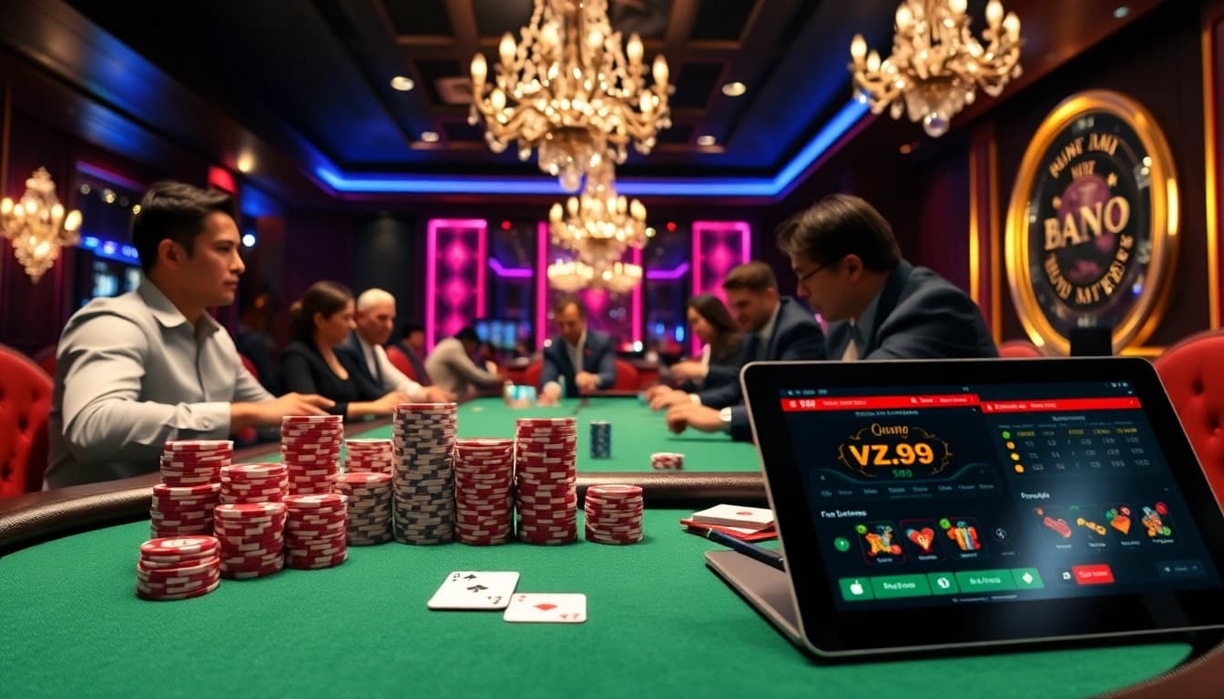 Players strategizing at a luxurious poker table in the vz99 casino gaming environment.