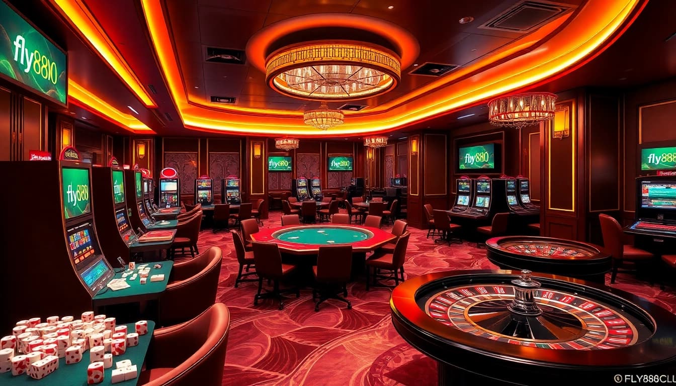 Engage with the vibrant atmosphere of fly888 club featuring high-stakes gaming tables and players excitedly betting.