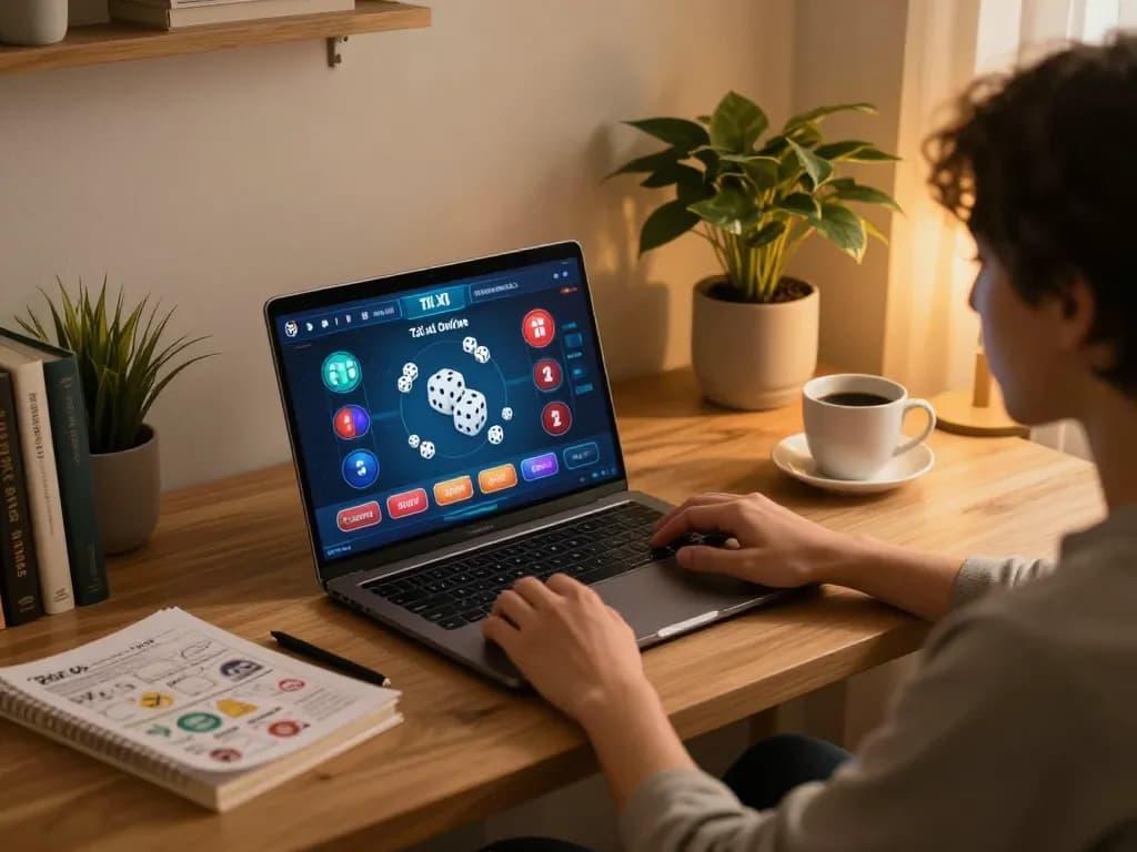 Tài xỉu online gaming scene showing a player engaged with laptop at home, emphasizing responsible gaming.
